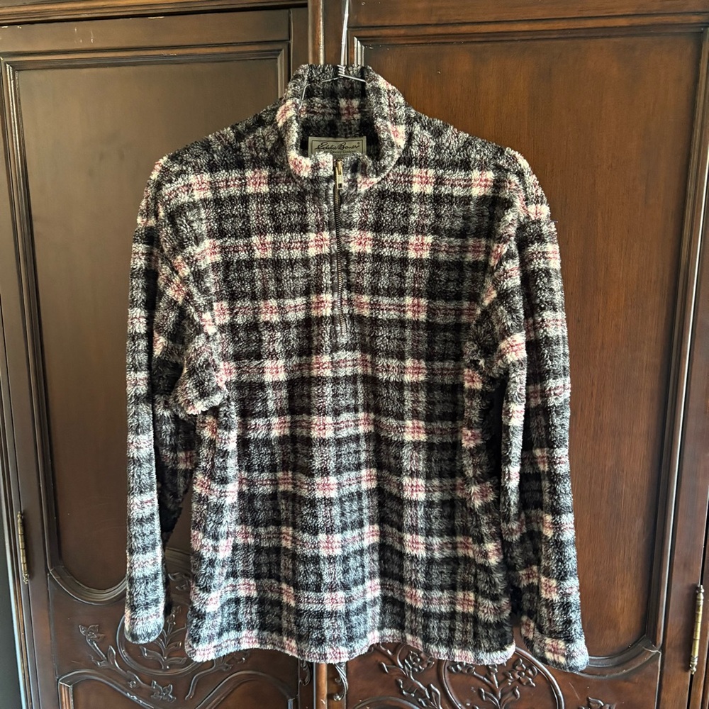 Vintage Men’s Eddie Bauer Grey & Maroon Plaid Quarter Zip Sherpa Small